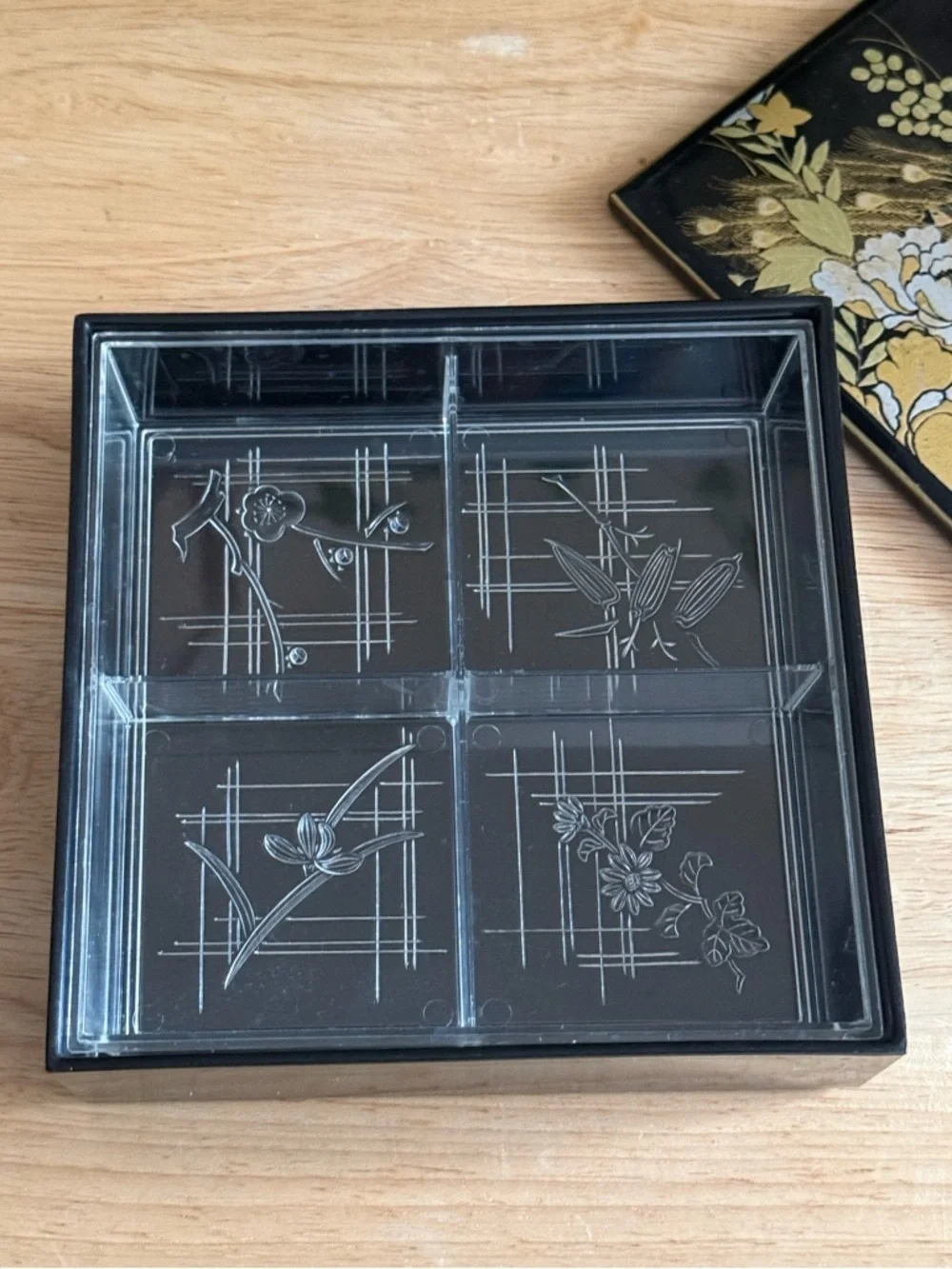 Vintage Otagiri Japan Black Lacquer Peacock Trinket Box with Etched Clear Tray
